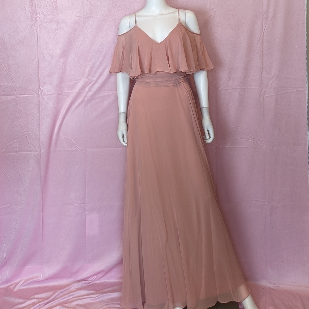 Jenny Packham Bridesmaid Luxe Chiffon V Back Ruffle Sleeve Dress in Desert Rose